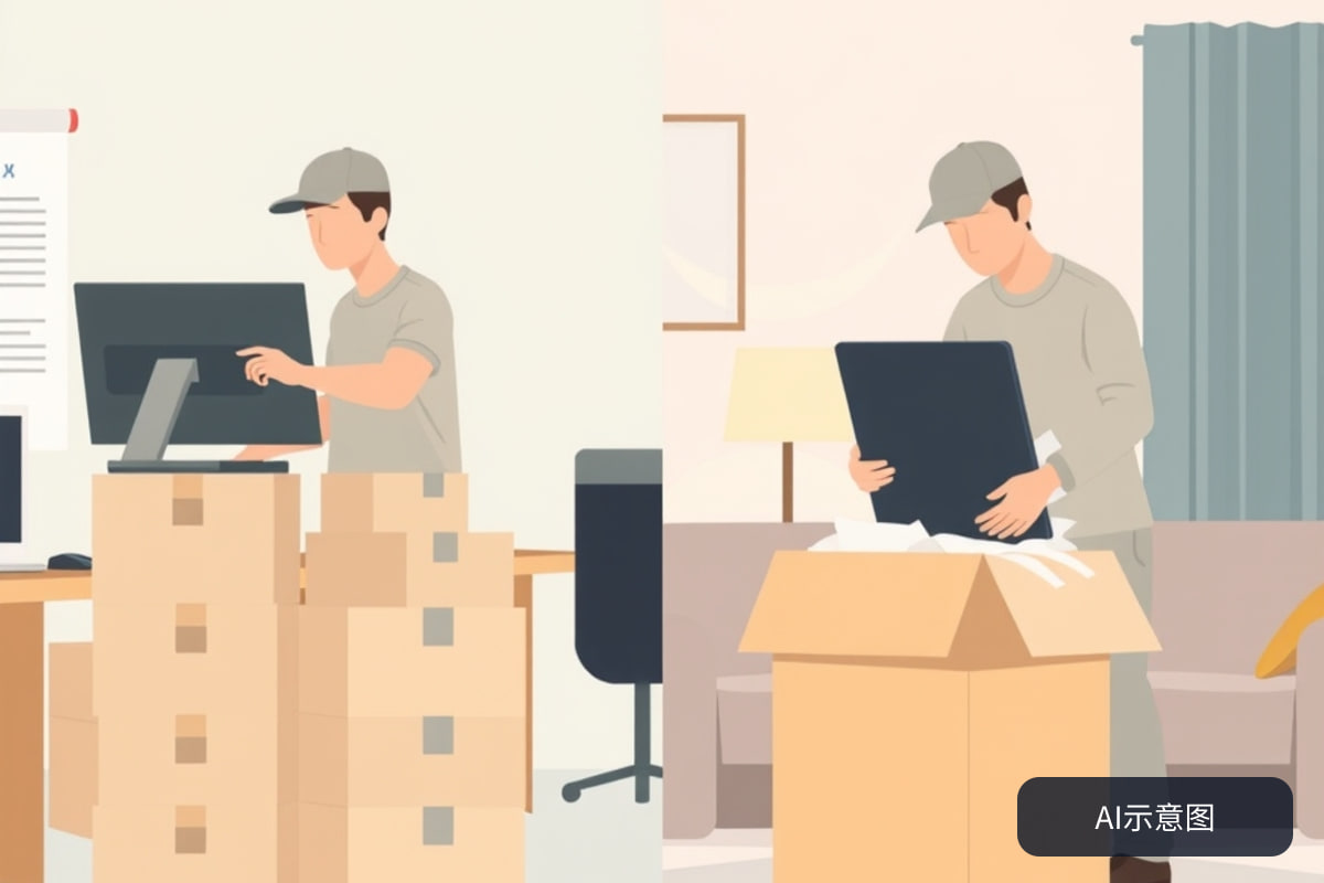 不同搬迁场景的示意：企业办公室物品与家庭日式搬家打包。