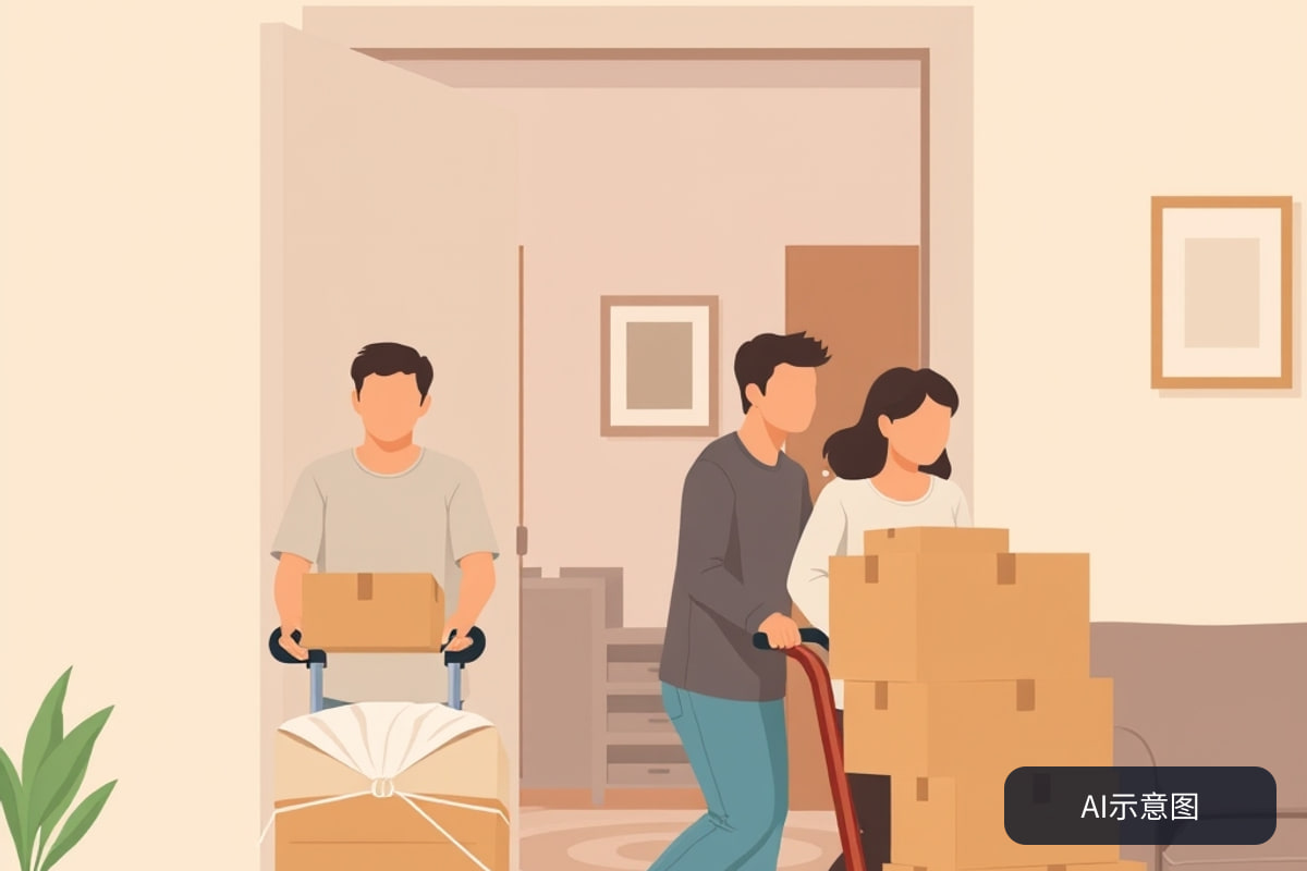 家庭搬迁场景:住宅内家具与纸箱整理搬运示意