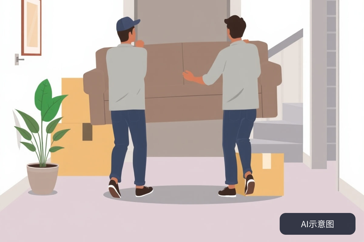 家庭搬家场景:工人小心搬运大件家具,周围有纸箱和电梯口。
