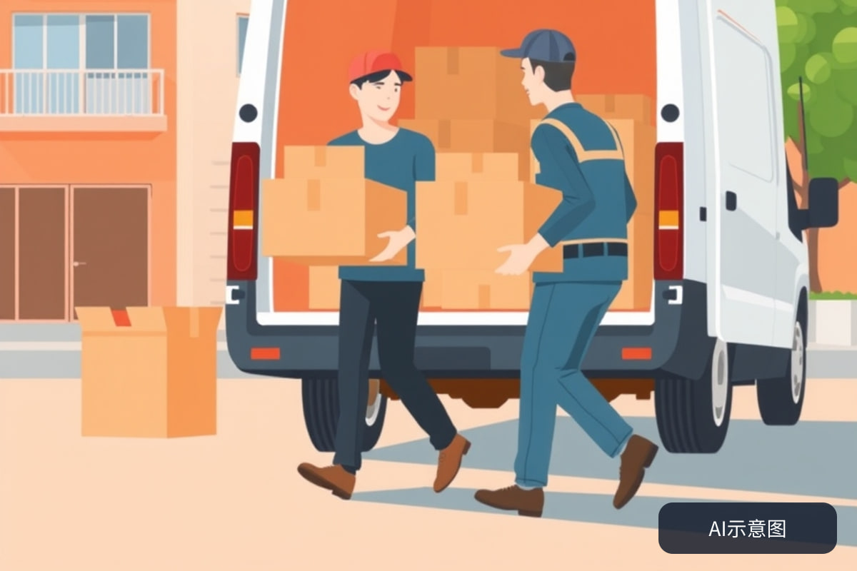 小型搬家场景:工人将纸箱搬上面包车,背景为普通居民楼