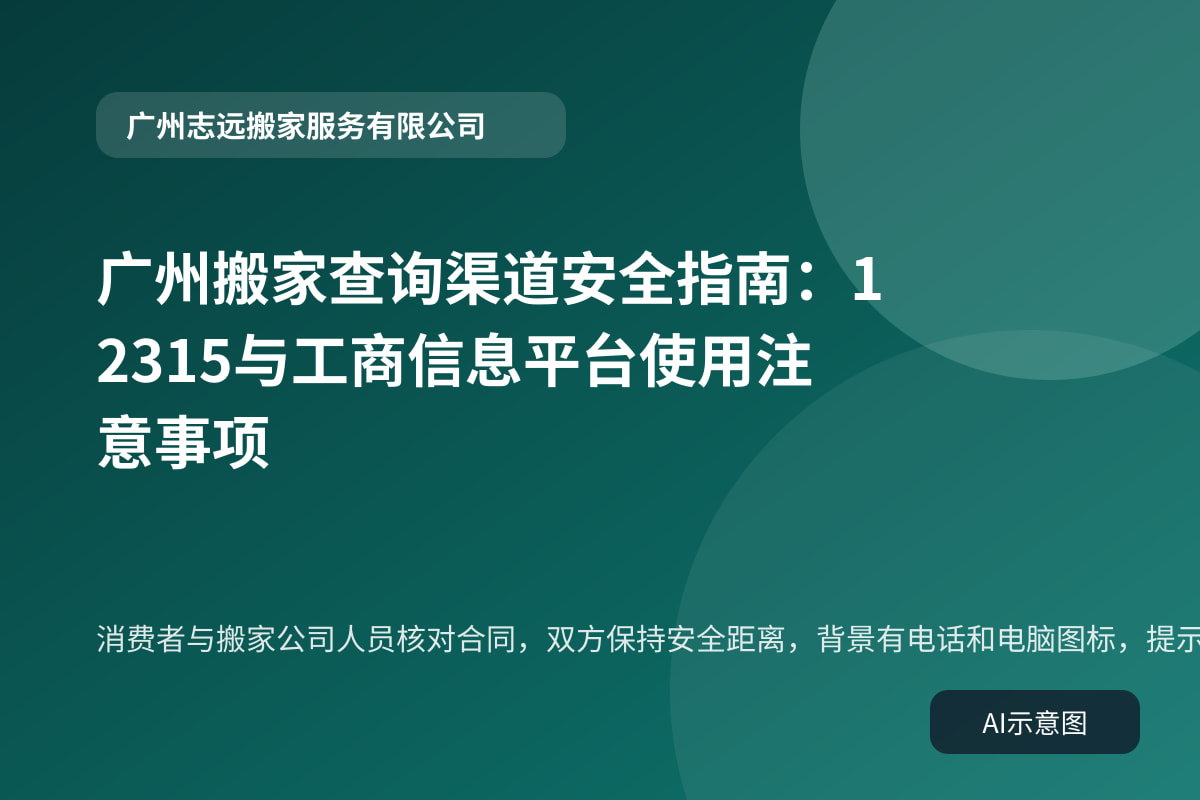 消费者与搬家公司人员核对合同,双方保持安全距离,背景有电话和电脑图标,提示多渠道核实。