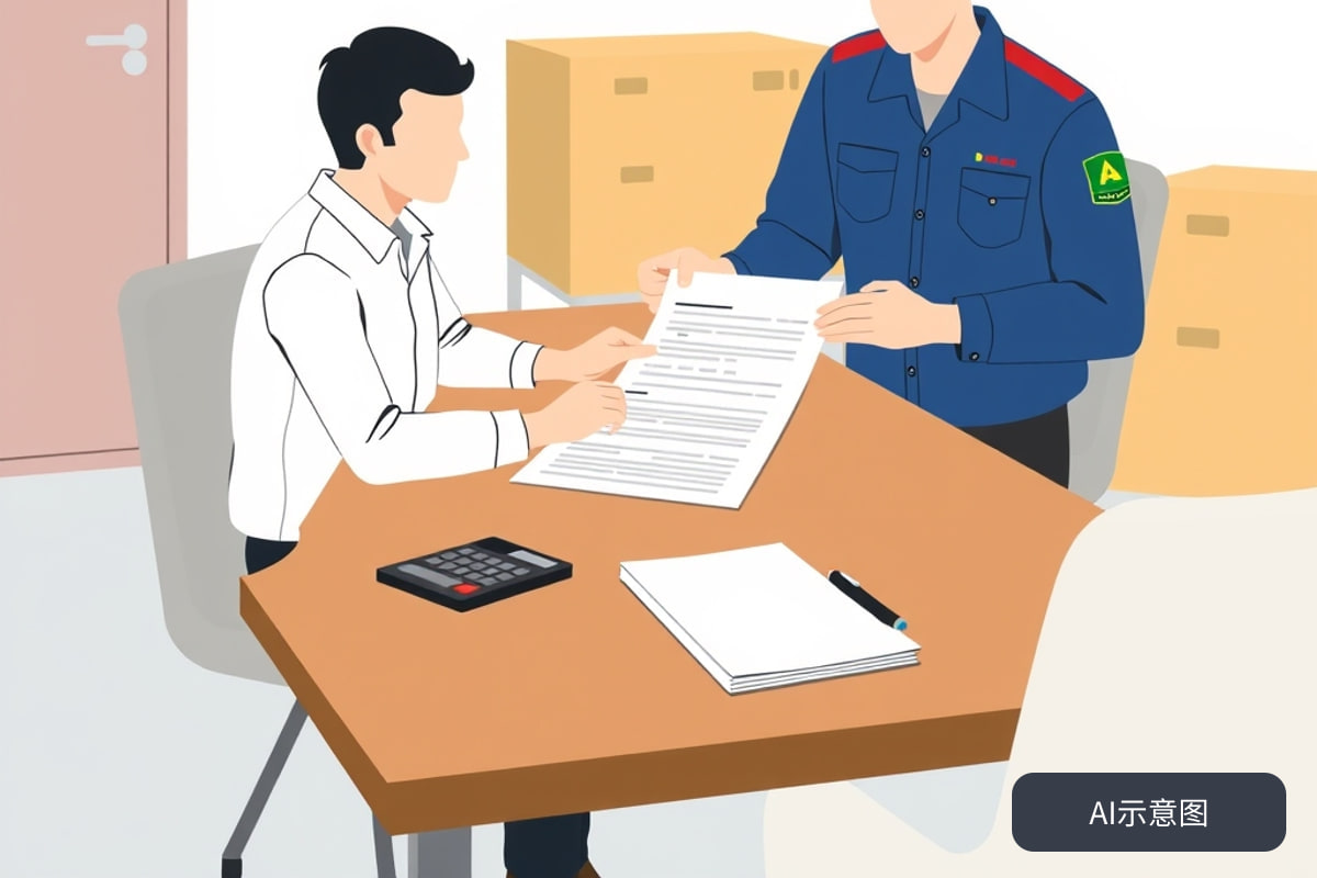 客户与搬家服务人员核对合同细节,桌上摆放着文件和计算器